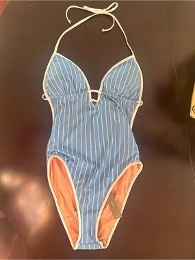 J. Crew Blue Pinstripe Swimsuit with White Trim and Peach Lining